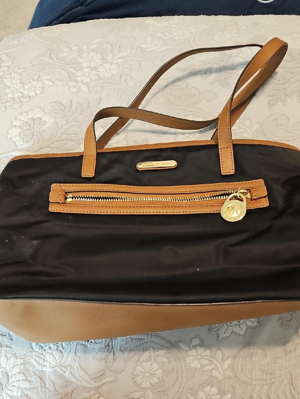 Michael Kors Black Nylon Tote with Tan Leather Trim and Gold Hardware